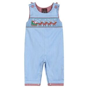 LiL Cactus Light Blue Smocked Santa and Sleigh Overalls Cotton size 18-24 months
